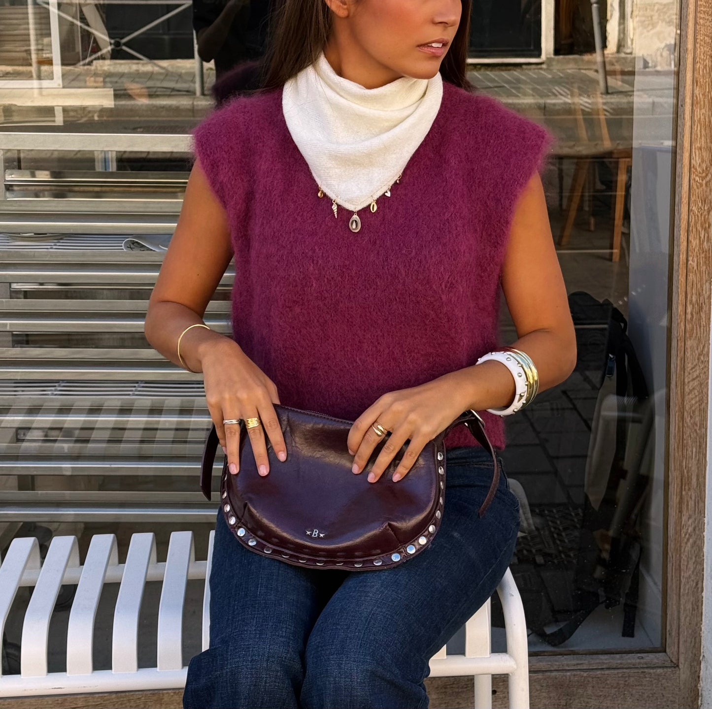 Foulard bandana en maille blanc avec charms, Blanc 5