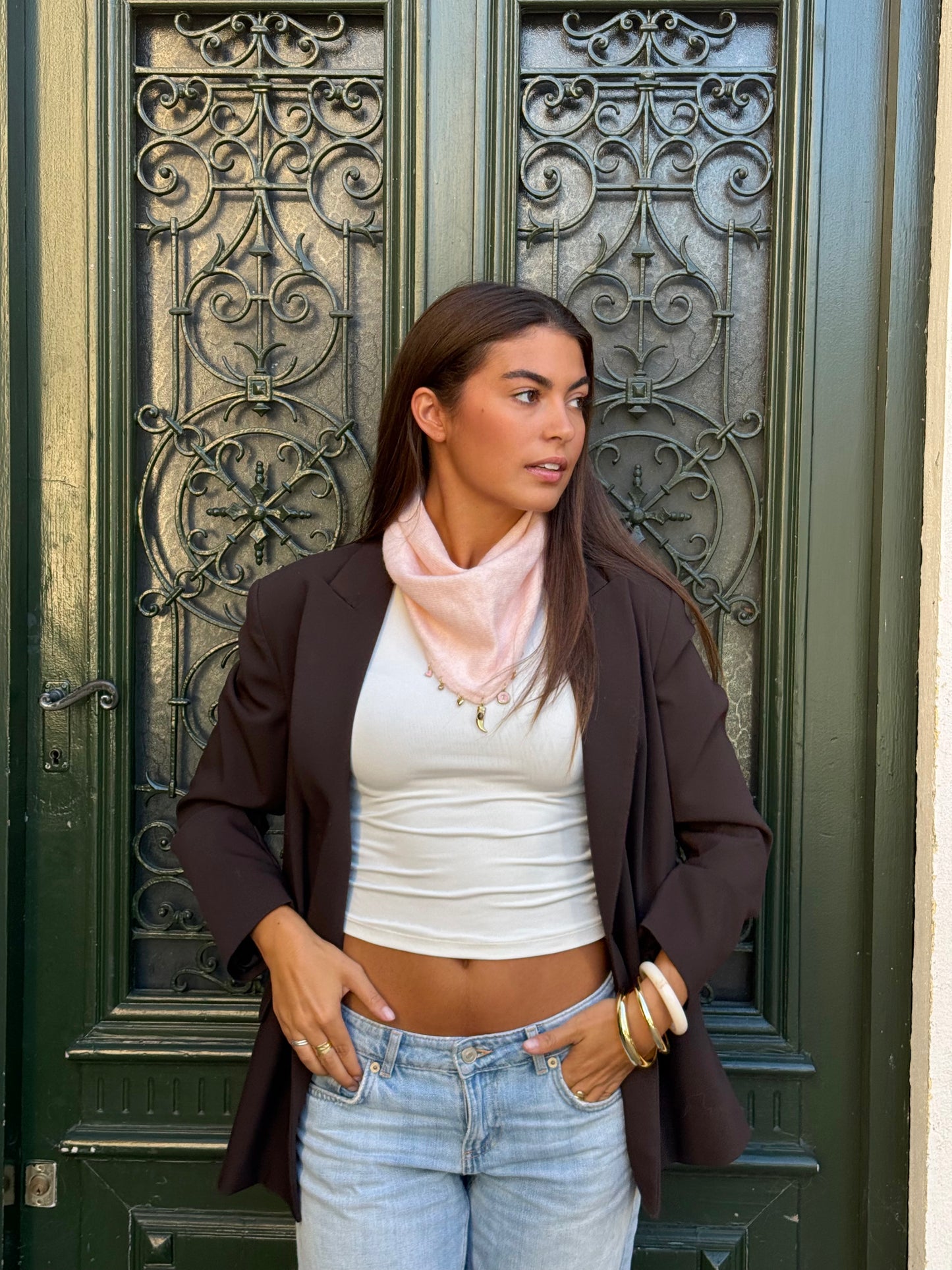 Foulard bandana en maille rose poudré avec charms, Rose poudré 3