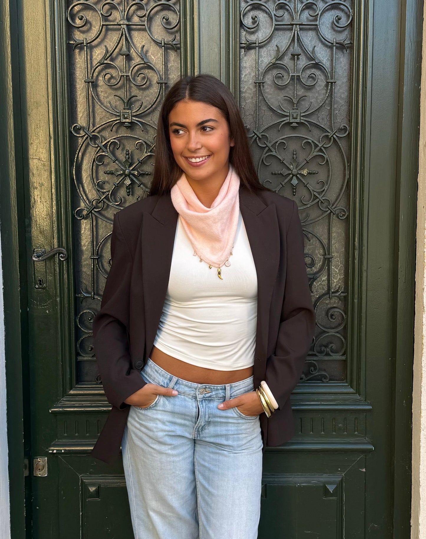 Foulard bandana en maille rose poudré avec charms, Rose poudré 5